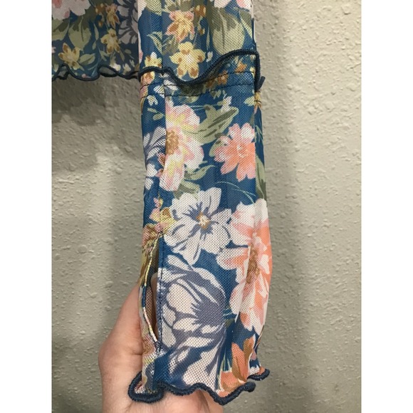 Magnolia Boutique Blue Floral Sheer Mesh Top Mock Neck L Boho Indie Y2K Coquette - Picture 8 of 9